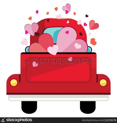 Retro red farmer pickup truck with colorful hearts illustration.