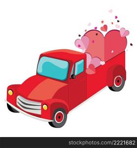 Retro red farmer pickup truck with colorful hearts illustration.