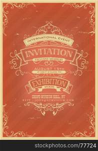 Retro Red Invitation Background. Illustration of a vintage invitation placard poster background for exhibition opening with sketched banners, floral patterns, ribbons, text and design elements inside grunge frame texture