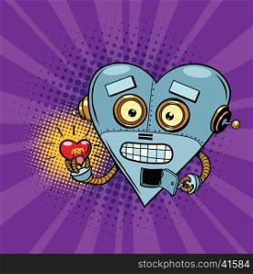 Retro robot and the light bulb heart Valentine. Pop art illustration. Valentin day, holiday, wedding love and romance. artificial intelligence