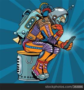 Retro robot astronaut in the thinker pose reads smartphone, pop art retro vector illustration. Science fiction and robotics, space and science