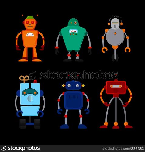 Retro robot set in flat style, vintage cute robots. Toy robots vector. Retro robot set