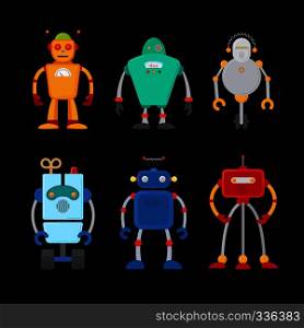 Retro robot set in flat style, vintage cute robots. Toy robots vector. Retro robot set