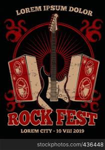 Retro rock music band vector poster with guitar. Rock music festival grunge illustration banner in red black. Retro rock music band vector poster with guitar