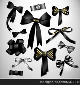 Retro satin black gift bow collection. Ribbon. Isolated on white