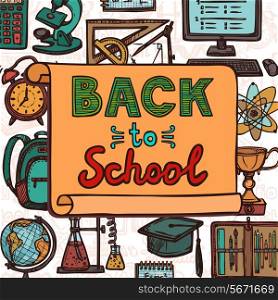 Retro school and university education colored sketch icons back to school poster vector illustration