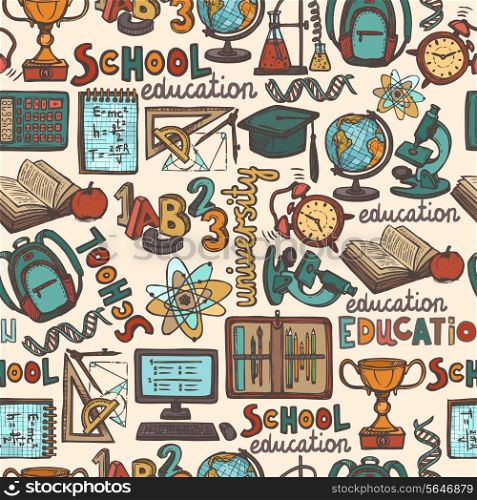 Retro school and university education colored sketch seamless pattern vector illustration