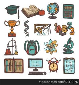 Retro school education colored sketch icons set of graduation hat book calculator isolated vector illustration