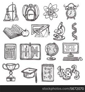 Retro school education sketch icons set of backpack alarm clock globe isolated vector illustration