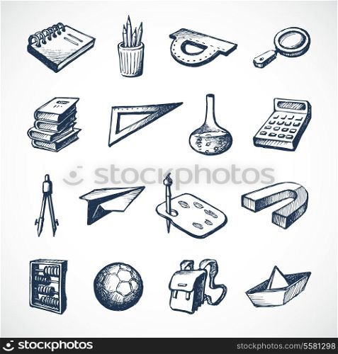 Retro school education sketch icons set of notebook ruler magnifier vector illustration
