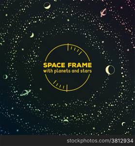 Retro sci-fi frame with space, stars and planets