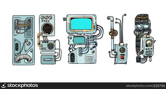 Retro science. Cyberpunk robots mechanisms and machines. Details of the spacecraft. Pop art retro vector illustration. Cyberpunk robots mechanisms and machines. Details of the spacecr