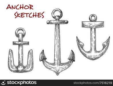 Retro sea anchors isolated sketches set. Great for nautical heraldic design, marine and travel themes. Retro sea anchors sketches set