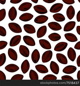 Retro seamless american football and rugby pattern of brown sporting balls with traditional lacing, randomly scattered over white background. Sport competition theme design. Seamless american football and rugby balls pattern