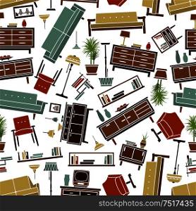 Retro seamless background of upholstery couches and armchairs, bookshelves and coffee tables, chests of drawers with tv sets, vases and lamps pattern. Use as home interior theme and furnishing design. Retro furnishing seamless background pattern