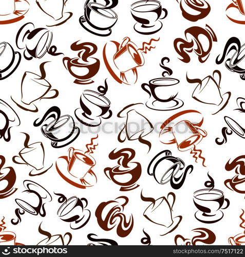Retro seamless coffee drinks background in brown colors for coffee shop or kitchen interior design usage with sketchy pattern of cups, filled with fresh hot espresso, cappuccino, latte and mocha beverages. Retro seamless coffee drinks background pattern