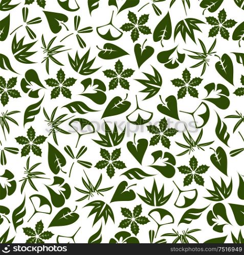 Retro seamless foliage pattern with pale green leaves of aloe vera, bamboo, clover, exotic palms, ginkgo biloba and christmas poinsettia over white background. Great for fabric, wallpaper, nature backdrop design. Retro seamless pattern of pale green leaves