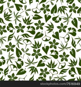 Retro seamless foliage pattern with pale green leaves of aloe vera, bamboo, clover, exotic palms, ginkgo biloba and christmas poinsettia over white background. Great for fabric, wallpaper, nature backdrop design. Retro seamless pattern of pale green leaves