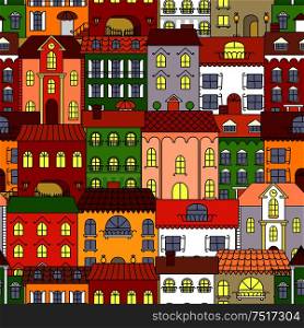 Retro seamless houses of old town streets pattern with sunny colorful facades, vintage forged street lanterns, ladders and awnings, arched windows and brick chimneys. Use as travel or real estate background design. Retro seamless houses of old town streets pattern