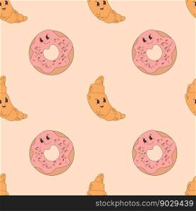 Retro seamless pattern. Groovy cute cartoon donut and croissant on light yellow background. Vector Illustration for wallpaper, design, textile, packaging, decor, kids collection