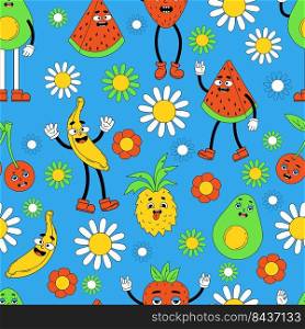 Retro seamless pattern, groovy psychedelic background. Vector hippy pattern with vibes groovy elements funny comic cartoon characters fruit, gloved hands and feet on blue background with flowers