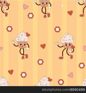 Retro seamless pattern. Happy groovy cartoon characters cakes cupcake on yellow background. Vector Illustration for wallpaper, design, textile, packaging, holiday decor, childrens collection