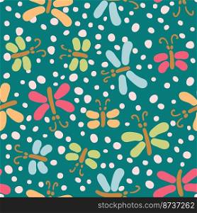 Retro seamless pattern in 1970s style with butterflies and drops. Perfect print for tee, stationery, textile and fabric. Animalistic vector background for decor and design.