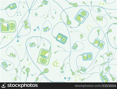 Retro Seamless Pattern made of cool hand-drawn mp3 players in different colors. Vector illustration