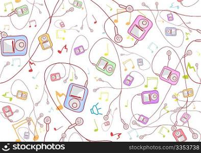 Retro Seamless Pattern made of cool hand-drawn mp3 players in different colors. Vector illustration