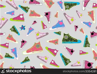 Retro Seamless Pattern made of cool hand-drawn sport shoes in different colors. Vector illustration