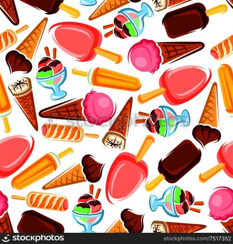 Retro seamless pattern of colorful ice cream on white background for cafe interior or fabric design with chocolate and strawberry ice cream cones and sticks, popsicles and sundae desserts . Retro seamless ice cream and popsicles pattern