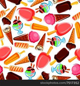 Retro seamless pattern of colorful ice cream on white background for cafe interior or fabric design with chocolate and strawberry ice cream cones and sticks, popsicles and sundae desserts . Retro seamless ice cream and popsicles pattern