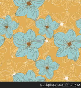 Retro seamless pattern with blue orchid flowers on yellow background. Retro seamless pattern with blue orchid flowers on yellow background.