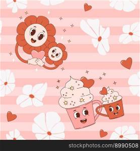 Retro seamless pattern with cartoon characters cups and Groovy power Flower on pink background with daisies and hearts. Vector Illustration for wallpaper, design, textile, packaging, decor