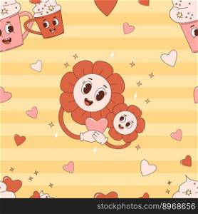 Retro seamless pattern with cartoon characters dessert cups and Groovy Daisy Flower on yellow background with hearts. Vector Illustration for wallpaper, design, textile, packaging, decor