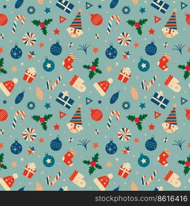 Retro seamless pattern with Christmas symbols gifts, santa claus, hats, mittens, snowflakes, sweets. Vector illustration . Retro Christmas seamless pattern. Vector illustration 