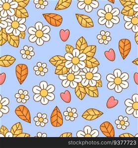 Retro seamless pattern with Daisy Flower Power on  blue background with leaves and hearts. Groovy vector Illustration for wallpaper, design, textile, packaging, decor