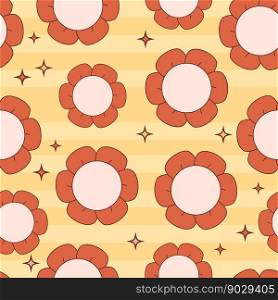 Retro seamless pattern with Daisy Flower Power on yellow background. Groovy Vector Illustration for wallpaper, design, textile, packaging, decor