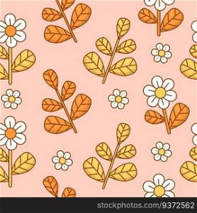 Retro seamless pattern with Daisy Flower with leaves on light  pink background. Groovy vector Illustration for wallpaper, design, textile, packaging, decor