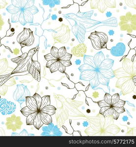 Retro seamless pattern with flowers and birds