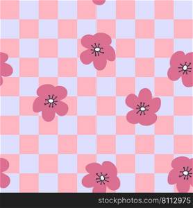 Retro seamless pattern with flowers on checkered background. Simple floral print for fabric, paper, T-shirt. Doodle vector illustration for decor and design.