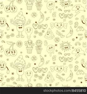 Retro seamless pattern with groovy elements Vector linear hand drawn doodle style. Cartoon characters with faces funky flower power, cactus flower pot, cherry, mushroom, Melting smile face and heart