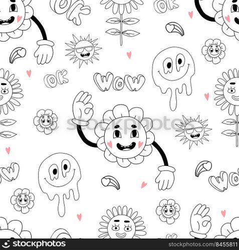 Retro seamless pattern with groovy elements. Vector linear hand drawn doodle style. Cartoon characters with faces funky flower power, melting smile face, daisy flowers, sun on white background