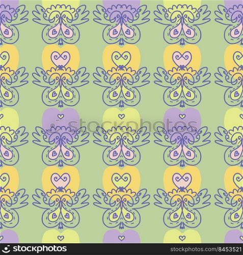 Retro seamless pattern with pansy flowers in 1960 style. Floral aesthetic print for T-shirt, fabric, paper, stationery. Hand drawn vector illustration for decor and design.