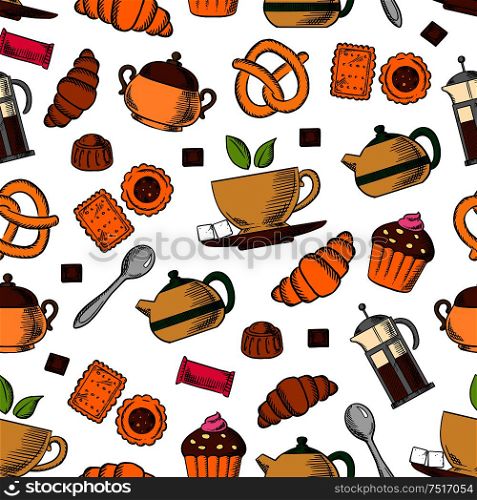 Retro seamless tea and sweets pattern with porcelain cups of fresh tea, chocolate, croissants, cupcakes, cookies, pretzels, candies, teapots and sugar bowls on white background. Tea party, breakfast theme or kitchen interior design. Retro seamless tea cups and sweets pattern