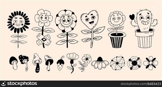 Retro set groovy flowers doodle. Funny cartoon characters with faces funky flower power with patch, daisy flowers, cactus, mushrooms. Vector clipart vintage hippy style. Isolated linear hand drawings