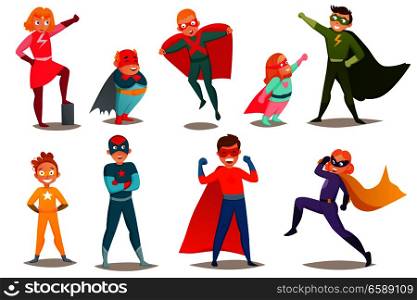 Retro set of kids superheroes boys and girls in colorful costumes, in various poses isolated vector illustration. Kids Superheroes Retro Set