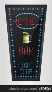 Retro sign with blue lights and the word hotel on bar.vector