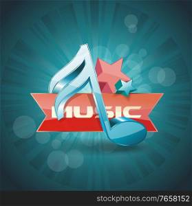Retro sign with musical note and stars on abstract beams background, vector.