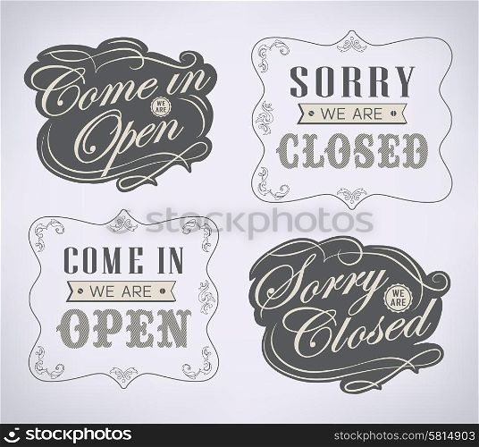 Retro signs Open and Closed. Vector illustration.